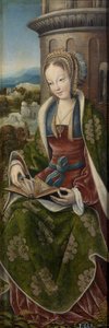 Barbe la grande martyre - Tryptyk Świętej Rodziny z Aniołami Muzykowymi. Prawy panel: Św. Barbara par Master z Frankfurtu (1460-ok. 1533), ok. 1510-1520 - Olej na drewnie, 79x27 - Museo del Prado, Madryt autorstwa Master of Frankfurt