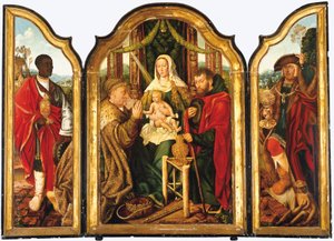 Święta Rodzina z Melchiorem ofiarowująca złoto Dzieciątku Jezus autorstwa Master of Frankfurt
