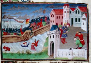 Scena bitwy i ścięcie głowy. Ilustracja do powieści „Dekameron” Giovanniego Boccaccio (Jean Boccace autorstwa Master of Jean Mansel