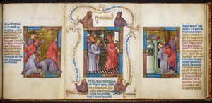 Trzy sceny przedstawiające „Zabicie proroków”, „Chrystusa przed Piłatem” i „Więzienie Daniela”, ilustracja z „Biblia Pauperum” autorstwa Master of Margaret of Cleves