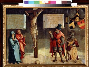Ukrzyżowanie z dawcami. Ukrzyżowanie z Darczyńcami. Obraz mistrza z Messkirch (ok. 1500-1543). Olej na drewnie. Niemiecka sztuka renesansu. Muzeum Sztuk Pięknych, Puszkin, Moskwa