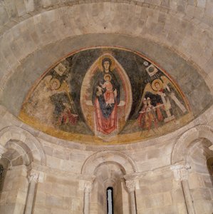 Dziewica z Dzieciątkiem w majestacie i pokłon Trzech Króli, ca. 1100. autorstwa Master of Pedret