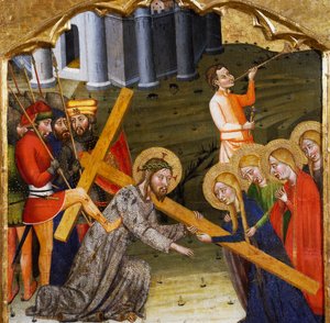 Jezus niosący krzyż, mistrz z Rubio (XIV w.), predella ołtarza z kościoła Santa Maria, Rubio, obraz na drewnie.