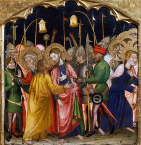 Pocałunek Judasza, mistrza z Rubio (XIV w.), predella ołtarza z kościoła Santa Maria, Rubio, obraz na drewnie.