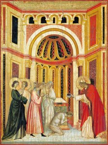 Biskup Urban chrzczący Tiburcia, fragment z ołtarza Legendy św. Cecylii, ok. 1304, Mistrza św. Cecylii (czynny początek XIV w.), tempera na desce i tłoczony złoty płatek, 85x181 cm
