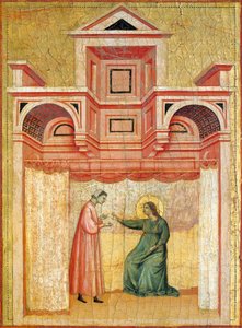 Cecylia namawiająca męża Waleriana do chrztu, fragment ołtarza przedstawiającego Legendę o św. Cecylii, ok. 1304 r., autorstwa mistrza św. Cecylii (aktywny początek XIV w.), tempera na desce i tłoczony złoty płatek, 85x181 cm