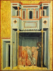 Św. Cecylia i Walerian nawracający Tiburcio, fragment ołtarza przedstawiający Legendę św. Cecylii, ok. 1304 r., mistrz św. Cecylii (aktywny początek XIV w.), tempera na desce i tłoczony złoty płatek, 85x181 cm
