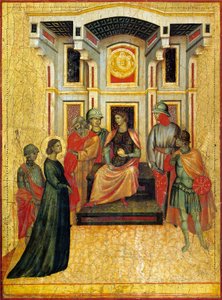 Św. Cecylia kontrastujące sprawy wiary z prefektem, detal z ołtarza przedstawiającego Legendę św. Cecylii, ok. 1304 r., mistrza św. Cecylii (czynny na początku XIV w.), tempera na desce i tłoczony złoty płatek, 85x181 cm