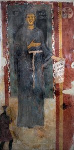 Reprezentacja świętego Franciszka z Asyżu (1181-1226) Jest to z pewnością pierwsze przedstawienie świętego wykonane za życia, przedstawiające bez piętna i bez aureoli. Trzyma gazetę lub jest napisany po łacinie „” Pax huic Domui”” (Peace autorstwa Master of Saint Francis of Assisi