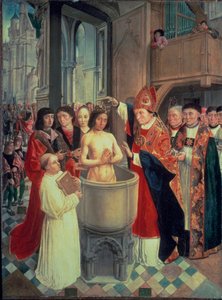 Chrzest Chlodwiga I w Reims przez św. Remiego 25.12.496 (lub 499), ok. 1490-1510 (olej na desce) autorstwa Master of Saint Giles