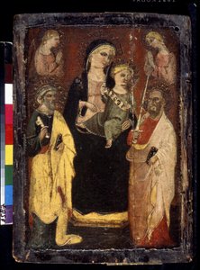 "Madonna z Dzieciątkiem na tronie ze świętymi Piotrem i Pawłem" (Madonna z Dzieciątkiem na tronie ze świętymi Piotrem i Pawłem) Obraz na drewnie mistrza San Jacopo in Muciano (XV w.) Muzeum Puszkina, Moskwa autorstwa Master of San Jacopo a Mucciana