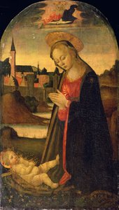 Madonna adorująca Dzieciątko, miasto nad rzeką, ok. 1478 (olej na desce) autorstwa Master of San Miniato