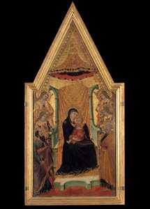 Madonna w majestacie pomiędzy św. Pawłem, św. Piotrem i czterema aniołami ołtarz mistrza Santa Maria (XIV w.). Wymiary 0,28 x 0,58 m. Awinion, Musee du Petro Palais autorstwa Master of Santa Maria di Castello
