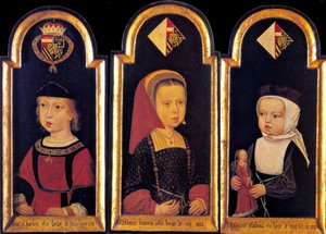 Arcyksiążę Karol, późniejszy cesarz rzymski Karol V, z siostrami Eleanor i Izabelą w wieku 2 lat, 1502 autorstwa Master of St.Georgsgilde