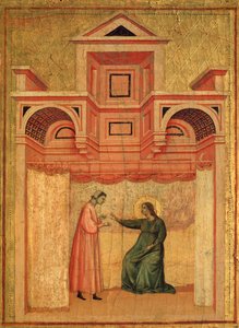 Św. Cecylia i historia jej życia Szczegół: Św. Cecylia namawiająca męża Waleriana do chrztu - ołtarz, ok. 1290-1320