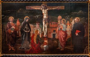 Chrystus Ukrzyżowany wśród św. Piotra, Dziewicy, Marii Magdaleny, św. Jana Apostoła i św. Benedykta autorstwa Master of St. Peter in Vicenza
