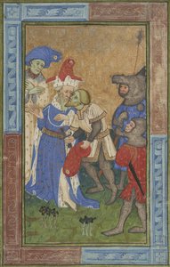 Scena zabójstwa Ms B.11.7, ok. 1420 (tempera, srebrna i złota farba na pergaminie) autorstwa Master of Trinity College