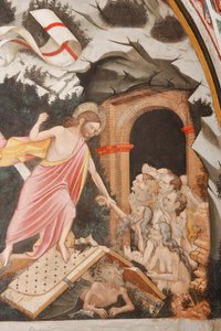 „Zmartwychwstanie” i „Zstąpienie do otchłani”, Szczegół „Zstąpienia do otchłani”: Jezus bierze Adama za rękę. U stóp Chrystusa bramy piekielne i postać diabła na ziemi, ok. 1420 (fresk)