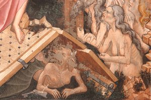 „Zmartwychwstanie” i „Zstąpienie do otchłani”, Fragment „Zstąpienia do otchłani”: bramy piekielne i postać diabła na ziemi, ok. 1420 (fresk) autorstwa Master of Vignola