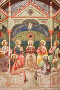 "Zielone Świątki", Detal z modlącymi się świętymi i Dziewicą Maryją oraz gołębica, ok. 1420 (fresk)