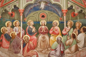 "Zielone Świątki", Detal z modlącymi się świętymi i Dziewicą Maryją oraz gołębica, ok. 1420 (fresk)