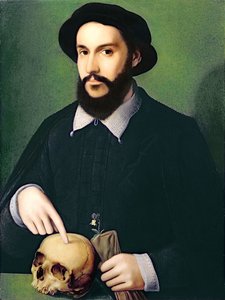Portret dżentelmena z prawą ręką wskazującą na czaszkę, ok. 1540
