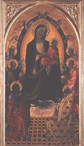 Madonna z Dzieciątkiem i św. Janem Chrzcicielem oraz św. Mikołajem z Myry (tempera na płycie) autorstwa Master of the Bambino Vispo