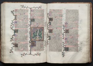 Mszał Gotha: Fol. 117v, Św. Piotr przywiązany do góry nogami do krzyża, c. 1375.