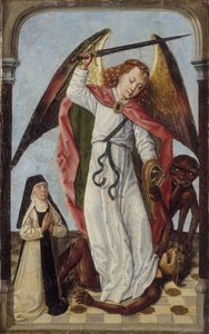 Michał walczący z demonami w obecności zakonnicy autorstwa Master of the Bruges Legend of St. Ursula