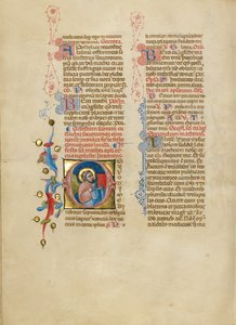 Inicjał O: Anioł Świętego Mateusza trzymający w górze Ewangelię autorstwa Master of the Brussels Initials
