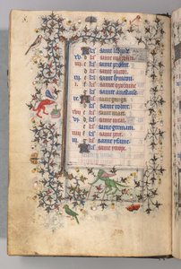 Godziny Karola Szlachetnego, króla Nawarry 1361-1425: fol. 4v, kwiecień, ok. godz. 1405. autorstwa Master of the Brussels Initials and Associates