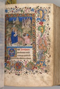 Godziny Karola Szlachetnego, króla Nawarry 1361-1425: fol. 88r, Ucieczka do Egiptu Nieszpory, c. 1 autorstwa Master of the Brussels Initials and Associates