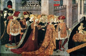 Decameron de Boccaccio (Jean Boccaccio): kasztelan Pericone wita Alatiel, córkę sułtana Babilonu Beminedab i jej apartament na wyspie Majorka (Pericone da Visalgo wita Alatiel, córkę Beminedaba, sułtana Babilonu, na cześć autorstwa Master of the Cassoni