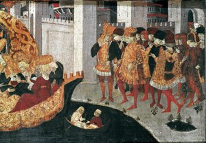 Decameron de Boccaccio (Jean Boccaccio): kasztelan Pericone wita Alatiel, córkę sułtana Babilonu Beminedab i jej apartament na wyspie Majorka (Pericone da Visalgo wita Alatiel, córkę Beminedaba, sułtana Babilonu, na cześć autorstwa Master of the Cassoni
