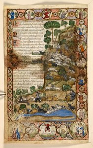 Dodać. 28841, f.1v: Geometryczne całostronicowe obramowania rombów, rondli i czworolistnych zamieszkałych przez zwierzęta i sceny figuratywne: pasterze pilnujący owiec i kóz oraz walczący z wilkami, czerwony diabeł stojący na koniu na granicy, z Przysmaku
