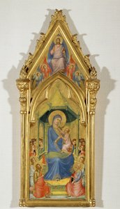 Madonna na tronie pomiędzy dwoma aniołami, świętym Janem Chrzcicielem i świętym Piotrem (obraz na drewnie) autorstwa Master of the Codex of Saint George