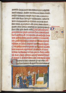 Cotton Tiberius B.VIII f.59 Arcybiskup Reims umieszczający koronę na głowie króla, z „Księgi koronacyjnej Karola V, króla Francji”