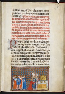 Cotton Tiberius B. VIII f.49r Król ofiarowujący miecz na ołtarzu, ilustracja z 