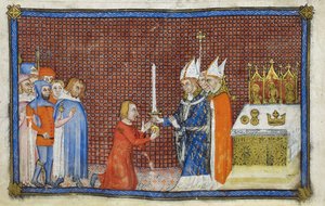 Cotton Tiberius B. VIII f.49v Arcybiskup Reims zwraca miecz królowi, ilustracja z „Księgi koronacyjnej Karola V, króla Francji”