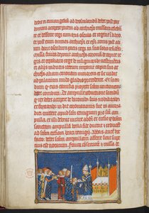 Cotton Tiberius B. VIII f.65v Król Karol V klęczący, gdy arcybiskup Reims wkłada do ust opłatek komunijny, ilustracja z „Księgi koronacyjnej Karola V, króla Francji”