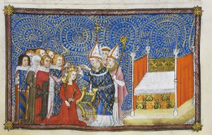 Cotton Tiberius B. VIII f.69v Arcybiskup Reims umieszczający koronę na głowie królowej i baronowie podtrzymujący jej koronę, ilustracja z „Księgi koronacyjnej Karola V, króla Francji”