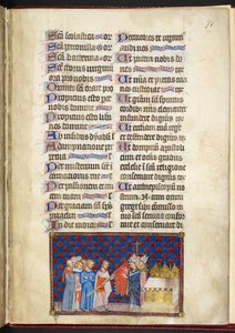 Cotton Tiberius B. VIII f.73r, Arcybiskup Reims błogosławiący Oriflamme, ilustracja z „Księgi koronacyjnej Karola V, króla Francji” autorstwa Master of the Coronation Book of Charles V