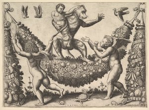 Małpa trzymająca związane putto stojąca na wianku, przed którym stoją dwa skrzydlate p..., 1530-60. autorstwa Master of the Die