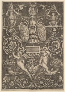 Panel ornamentu, putta stojące na rogu obfitości w dolnej części, 1530-60. autorstwa Master of the Die