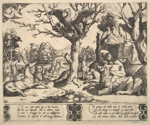 Na drzewie siedział feniks z rozłożonymi skrzydłami, poniżej kilka zwierząt, 1530-60.