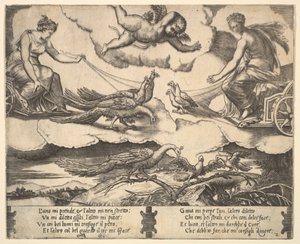 Alegoria małżeństwa i miłości, Junona w rydwanie ciągniętym przez pawie po lewej, Wenus w ..., 1530-60.