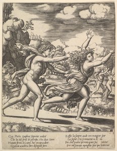 Apollo goni Daphne, która macha ramionami w górze, w tle po prawej stronie pokazuje chwila..., 1530-60.