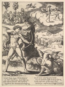 Apollo stojący po lewej strzelający do pytona ze strzałą, powyżej po lewej muza..., 1530-60.