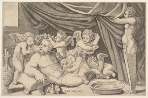 Bachus otoczony przez Putti, posąg Priapa po prawej, 1530-60.