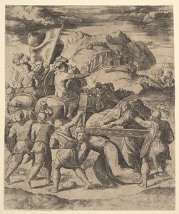 Chrystus niosący krzyż w otoczeniu żołnierzy, kilku na koniach, 1530-60. autorstwa Master of the Die